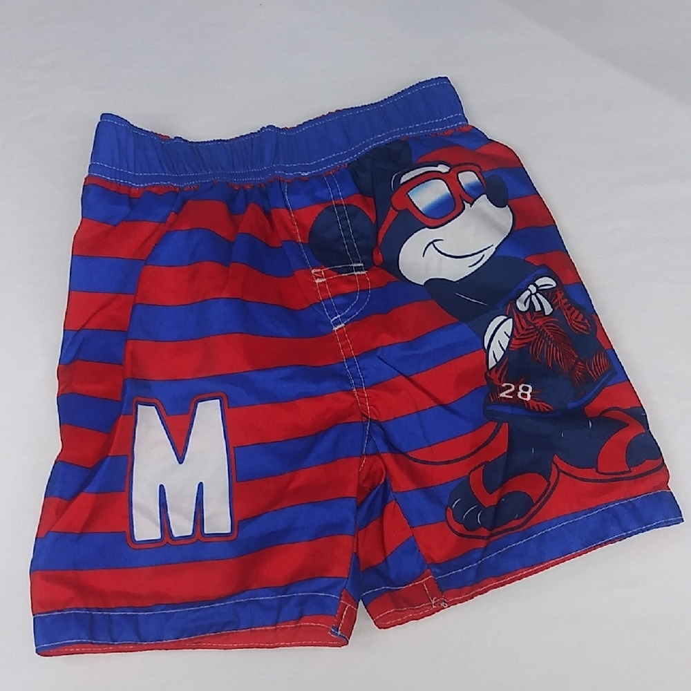 Disney Mickey Mouse Kids Striped Swim Trunks - Red and Blue